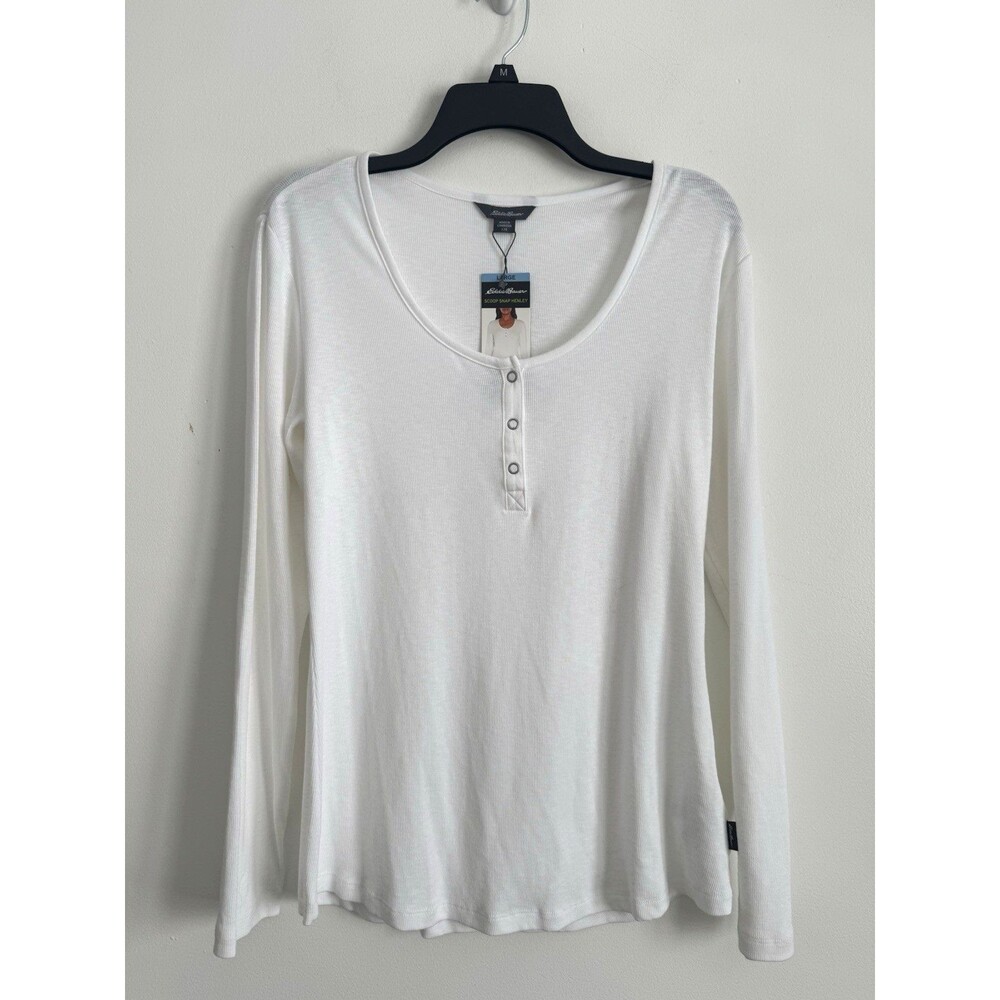 Eddie Bauer Henley Top Womens Large L/S Ribbed Scoop Neck Snap Shirt NWT